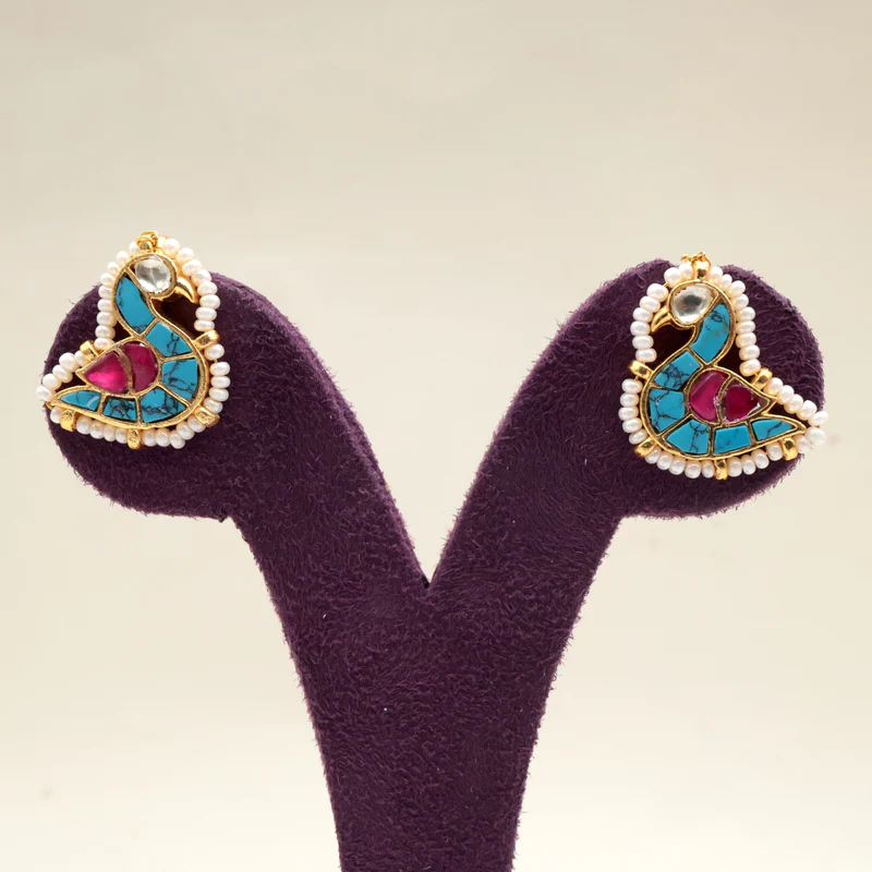 Premium Pachi Kundan Bird Koppu Earrings - Turquoise